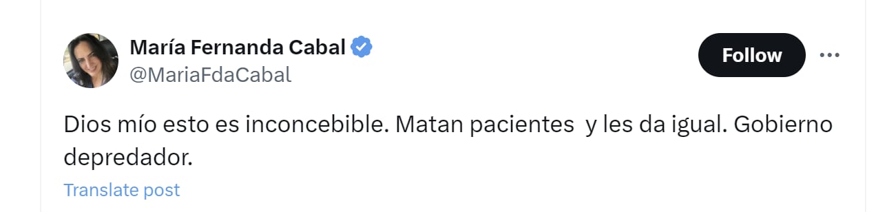 María Fernanda Cabal criticó al Gobierno Petro por falta de medicamentos para pacientes con enfermedades de alto costo - crédito @MariaFdaCabal/X