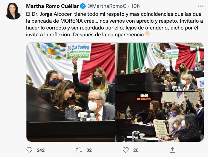 La panista se defendió y aseguró que el doctor Alcocer cuenta todo su respeto y señaló que tiene más coincidencias con él que lo que la bancada de Morena piensa (Foto: Twitter@MarthaRomoC)