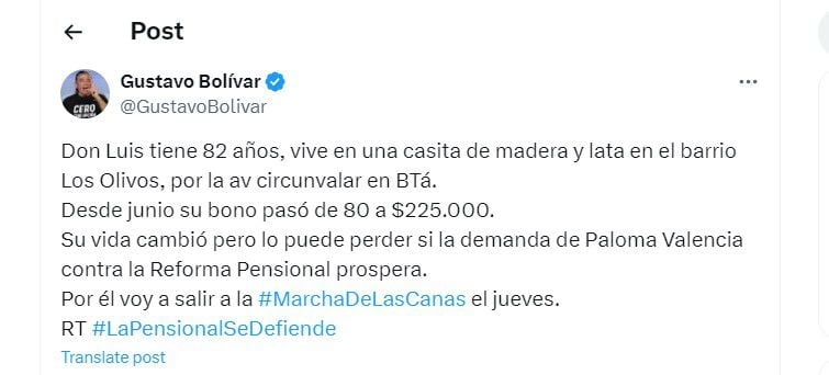 Gustavo Bolívar dice que un adulto mayor puede perder su bono pensional por Paloma Valencia - crédito @GustavoBolivar