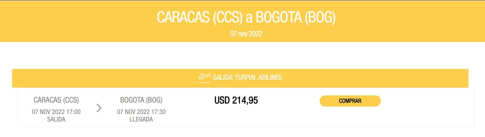 Precios de vuelos Caracas - Bogotá a la fecha, de acuerdo con la web de la aerolinea Turpial