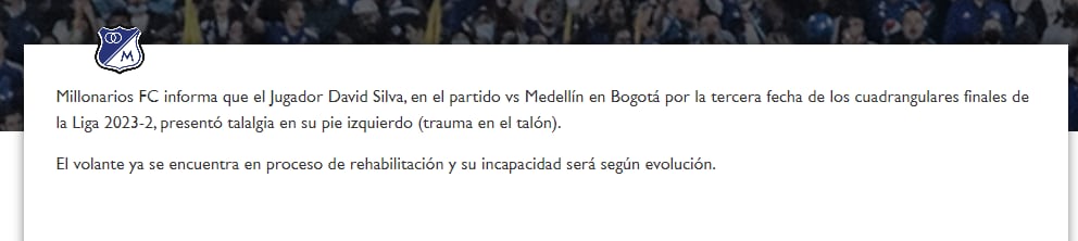 El capitán Embajador se pierde el juego en Medellín por lesión - crédito Millonarios Web
