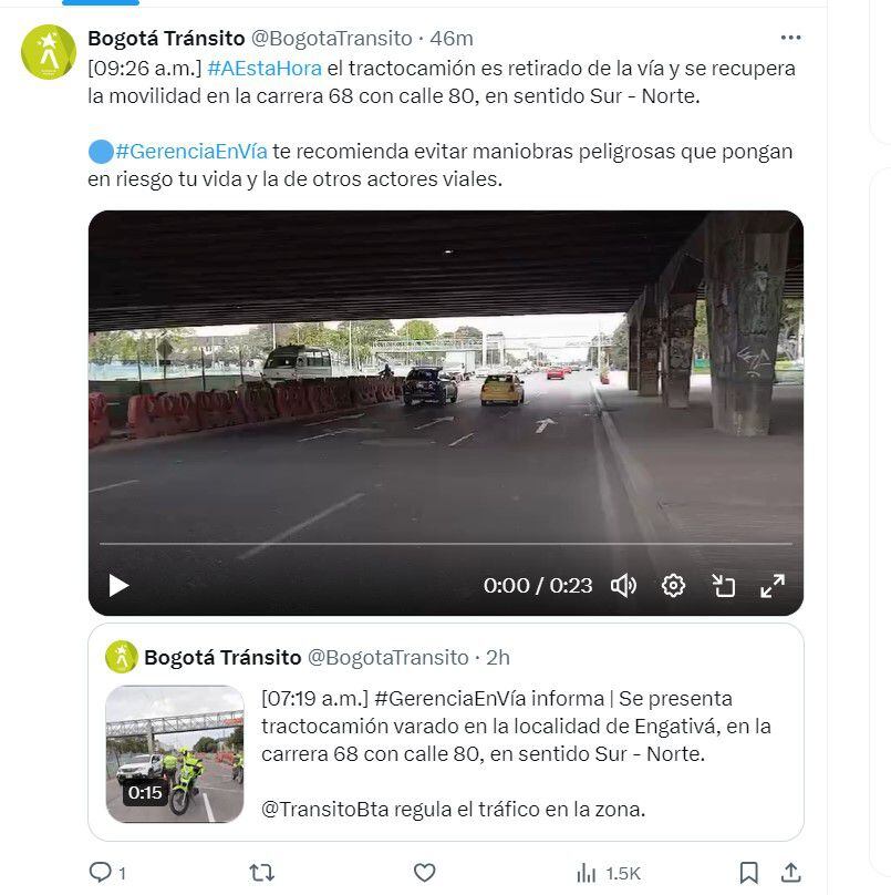 Tractocamión fue retirado de la vía en Engativá - crédito @BogotaTransito
