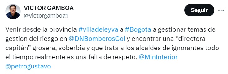 Víctor Gamboa arremetió contra la directora de Bomberos - crédito @victorgamboa1/X