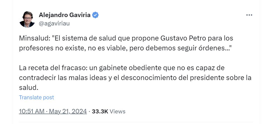 Alejandro Gaviria cuestionó al gabinete del Gobierno por nuevo modelo de salud para docentes - crédito @agaviriau/X