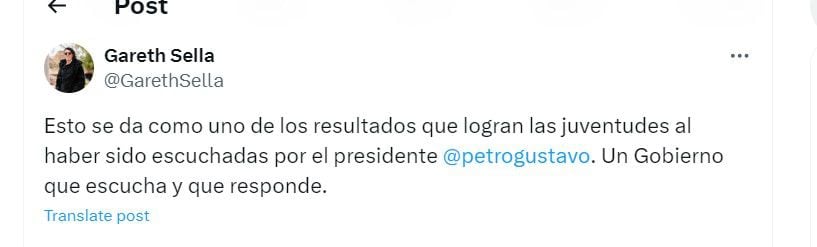 Gareth Sella dijo que las juventudes fueron escuchadas por el presidente Gustavo Petro - crédito @GarethSella