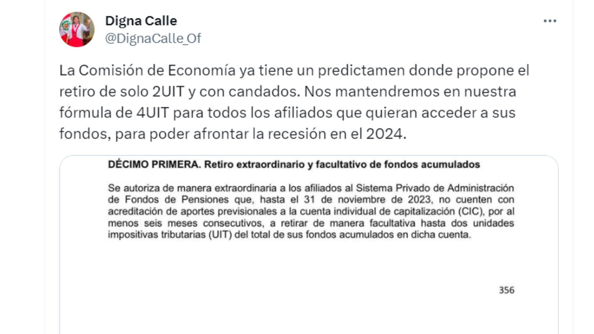 La Comisión de Economía ya tiene un predictamen donde propone el retiro de solo 2UIT y con candados, informó la congresista Digna Calle.