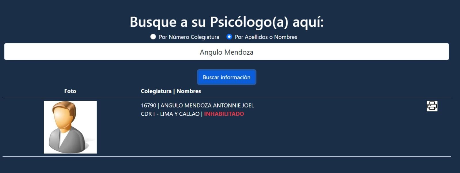 Tomás Angulo aparece como inhabilitado en el Colegio de Psicólogos del Perú