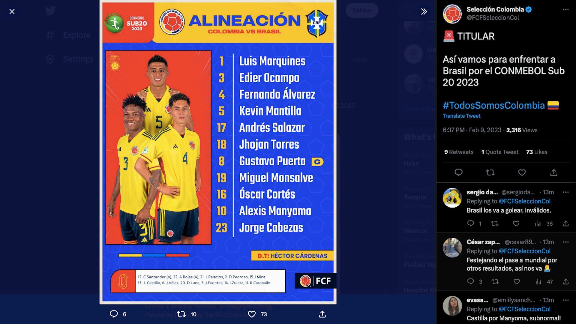 Alineación de la selección Colombia para enfrentar por segunda vez a Brasil en el Sudamericano sub-20 2023 / (Twitter: @FCFSeleccionCol)