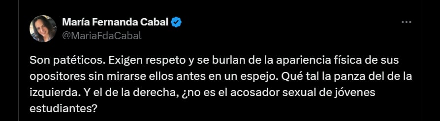 La senadora se aseguró que desde el oficialismo piden respeto, pero se les olvidó como actuaban ellos cuando eran oposición - crédito @MariaFdaCabal/X