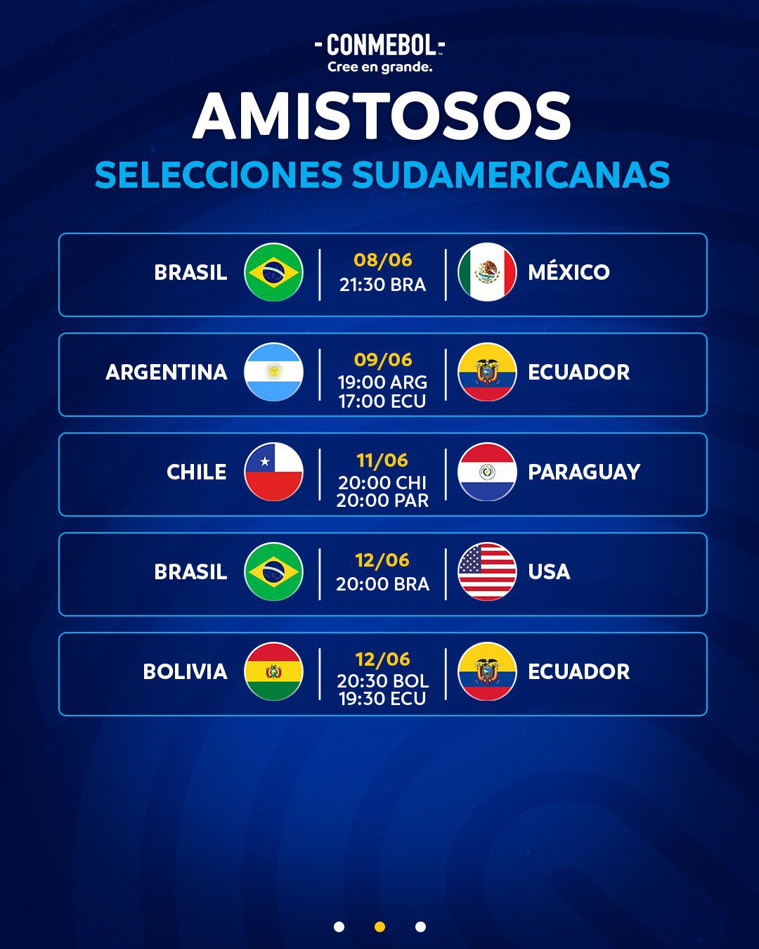 Programación de amistosos internacionales de selecciones de Conmebol en fecha FIFA previo a la Copa América 2024.