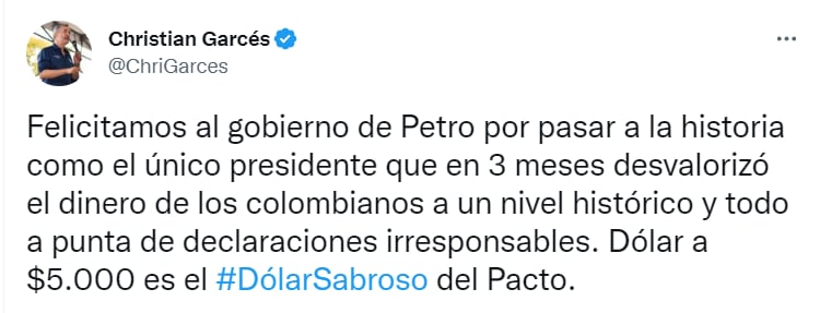 Christian Garcés sobre el precio del dólar. Tomado de Twitter.