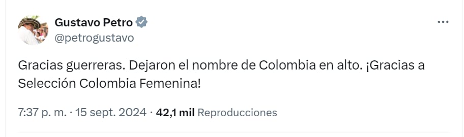 La publicación del primer mandatario tras la eliminación de la selección Colombia femenina sub-20 del mundial - crédito @petrogustavo/X