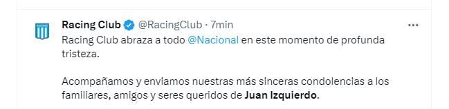 Las condolencias de Racing Club