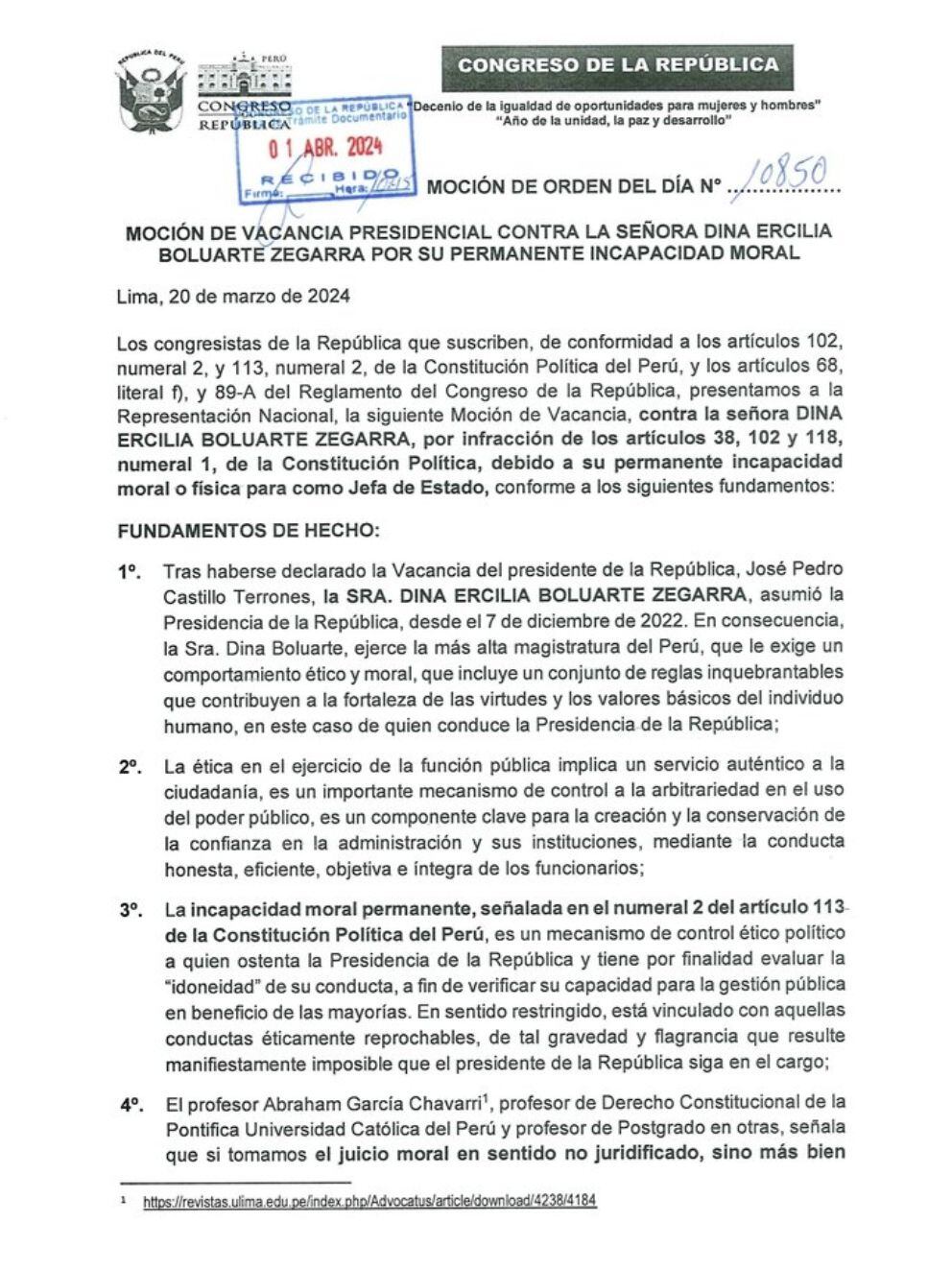 La moción de vacancia impulsada por Perú Libre, fue formalmente presentada el día de hoy, 1 de abril de 2024. - Crédito: Congreso