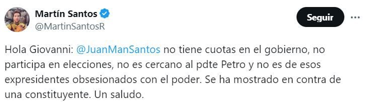 Martín Santos afirmó que su padre no es cercano a Gustavo Petro - crédito @MartínSantosR/X