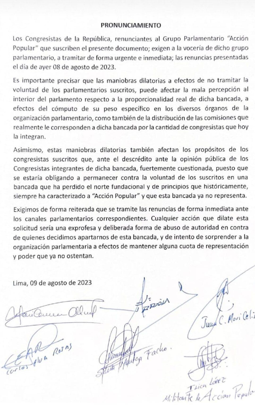 Carta de los disidentes de la bancada de Acción Popular en redes sociales.