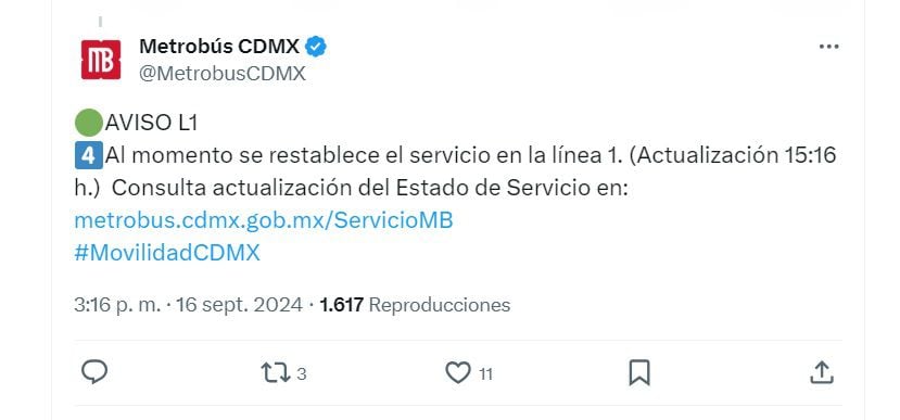 Servicio del Metrobús hoy 16 de septiembre (X/ @MetrobusCDMX)