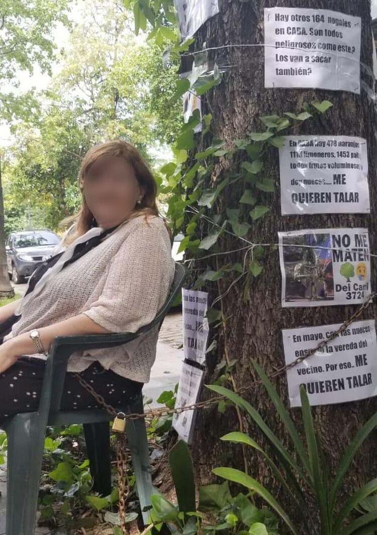 La mujer que se había encadenado al árbol para impedir que lo talaran