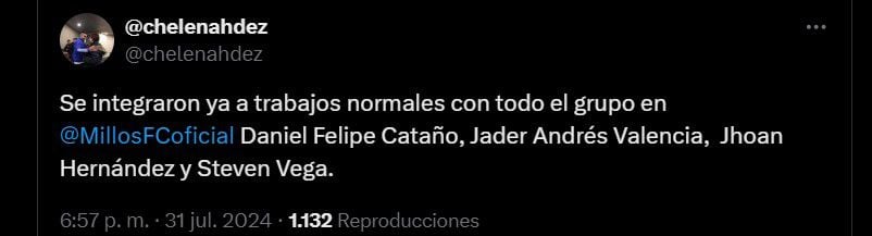 Millonarios recuperó a cuatro jugadores que estaban lesionados para el partido ante Tolima - crédito @chelenahdez/X