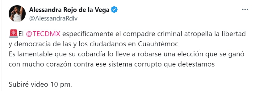 La candidata se pronunciará en punto de las 10 de la noche
Crédito: X/@AlessandraRdlv