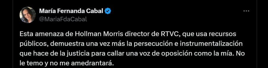 La senadora dejó ver su rechazo a las palabras de Hollman Morris - crédito @MariaFdaCabal/X