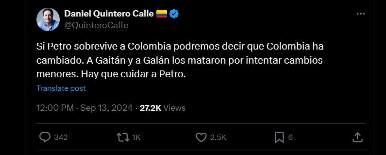 Así defendió Quintero a Gustavo Petro, ante posibles amenazas contra el mandatario - crédito X