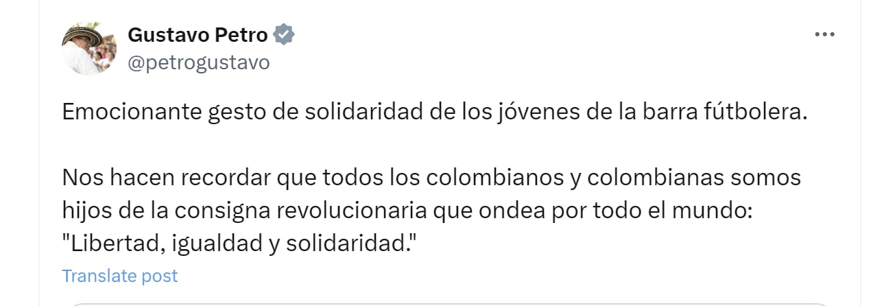 El presidente Gustavo Petro celebró gesto de hinchas de Millonarios que despidieron a Javier Acosta - crédito @petrogustavo/X