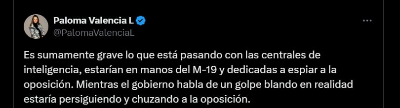La senadora dejó ver su miedo por las supuestas interceptaciones ilegales por parte del Gobierno nacional - crédito @PalomaValenciaL/X