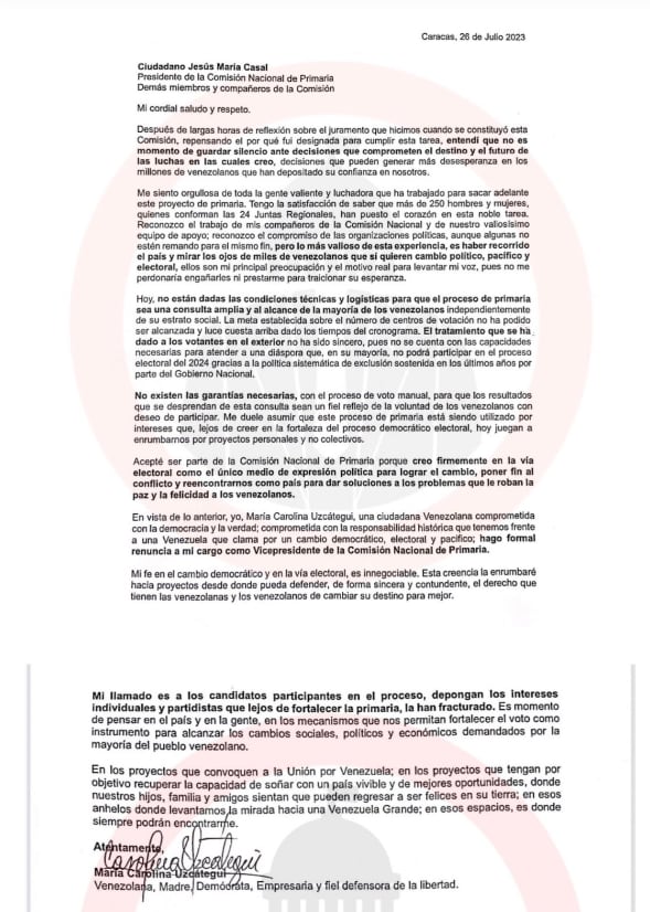 María Carolina Uzcátegui aseguró que “no existen las garantías necesarias, con el proceso de voto manual, para que los resultados que se desprendan de esta consulta sean un fiel reflejo de la voluntad de los venezolanos”