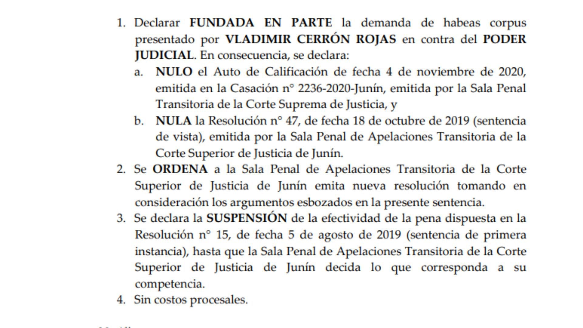 Este es un extracto del documento judicial en favor de Vladimir Cerrón, al que accedió Infobae Perú.