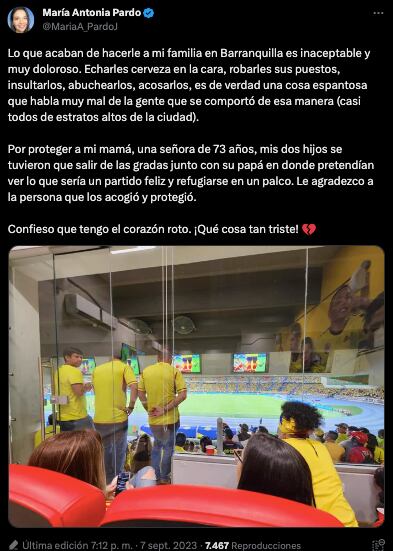 María Antonia Pardo se pronunció sobre lo ocurrido en el estadio Metropolitano con su exesposo Agmeth Escaf - crédito @MariaA_PardoJ_/X