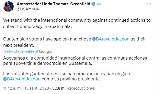 La embajadora de Estados Unidos ante la ONU, Linda Thomas, también cuestionó los ataques a la democracia en Guatemala