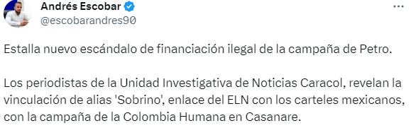 Andrés Escobar se pronunció por medio de un trino en su cuenta de X (Twitter), acerca de los presuntos fondos ilícitos que recibió Petro durante su campaña presidencial.