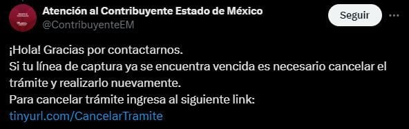 Es necesario cancelar el trámite si la línea de captura expiró (X/@ContribuyenteEM)