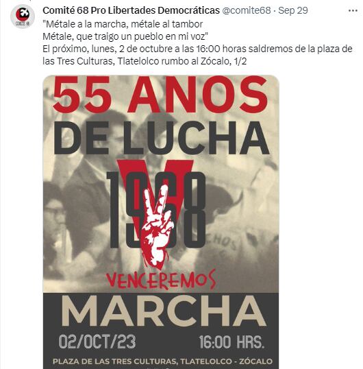 Convocatoria del Comité 68 Pro Libertades para la marcha del 2 de octubre en la CDMX. (Captura de pantalla @comite68)