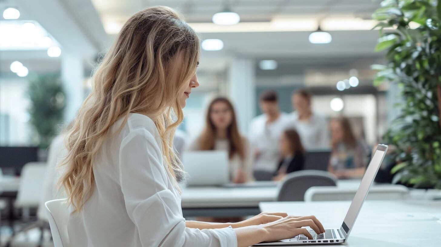 Profesional femenina concentrada en su trabajo remoto usando una laptop en un entorno de coworking, simbolizando el cambio hacia una forma de trabajo más flexible y tecnológicamente avanzada. (Imagen ilustrativa Infobae).