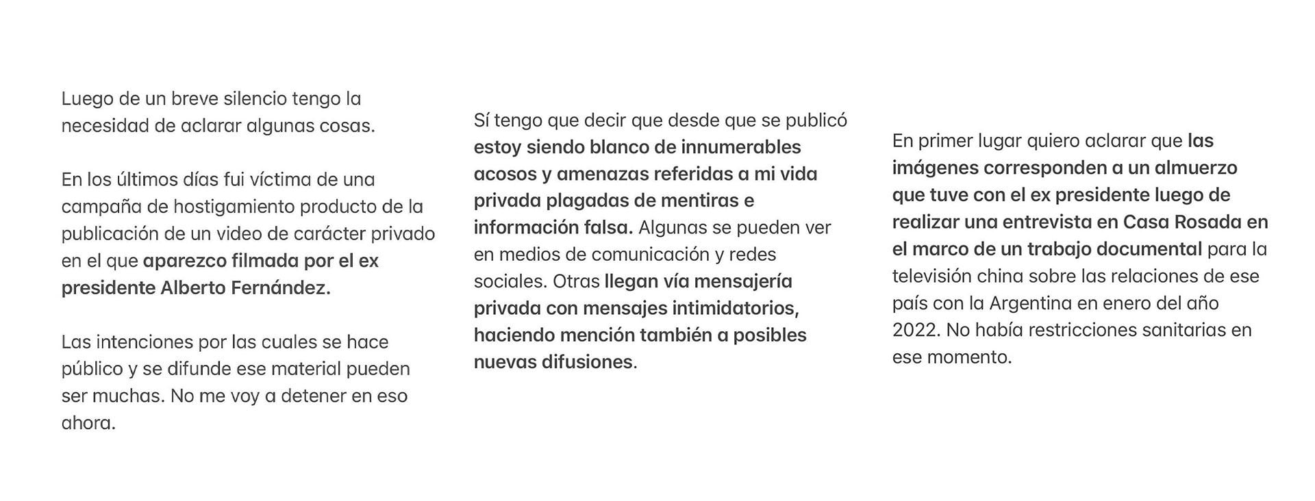 La primera parte del comunicado de Tamara Pettinato