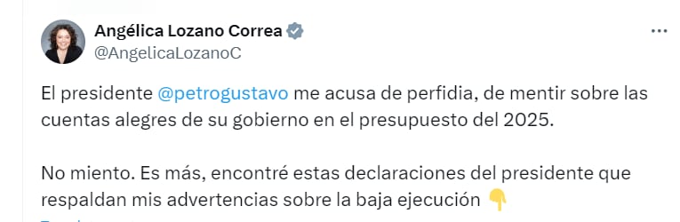 El cruce de declaraciones refleja tensiones sobre la gestión de los recursos públicos entre el Gobierno y el Congreso - crédito @AngelicaLozanoC/X