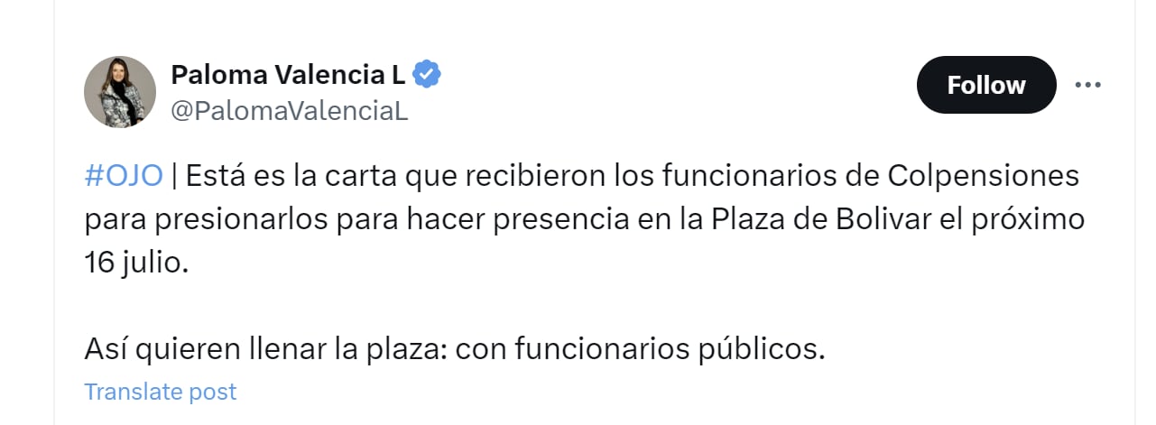 Paloma Valencia cuestionó comunicado que habrían recibido empleados de Colpensiones en el que se les invita a asistir al acto de sanción de la reforma pensional - crédito @PalomaValenciaL/X