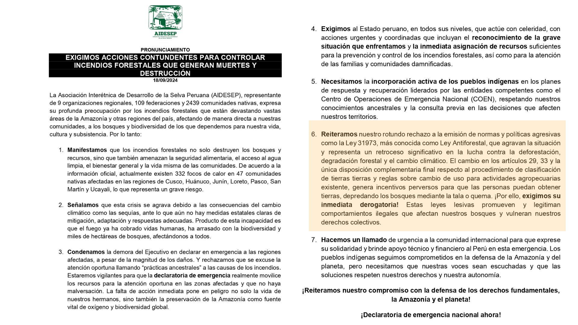 Comunicado Aidesep.