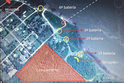 La ubicación de las baterías argentinas, el campamento y el hospital de campaña, según un croquis realizado por los arqueólogos que trabajan en el lugar (Gentileza Mariano Ramos)