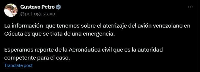 Gustavo Petro se pronunció sobre el aterrizaje de emergencia de una aeronave venezolana en Cúcuta - crédito @petrogustavo/X