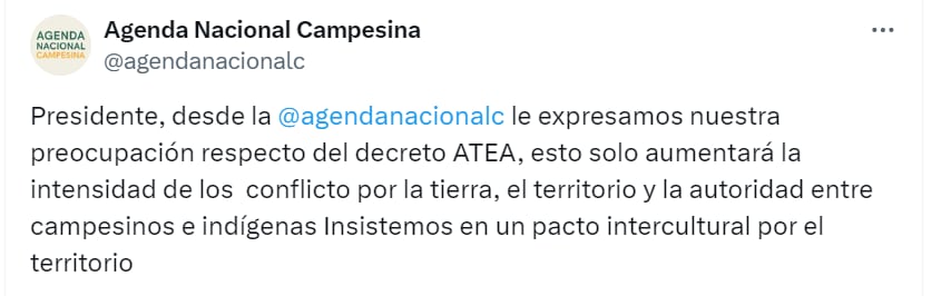 Reclamos de la Agencia Nacional Campesina al gobierno de Gustavo Petro - crédito @agendanacionalc