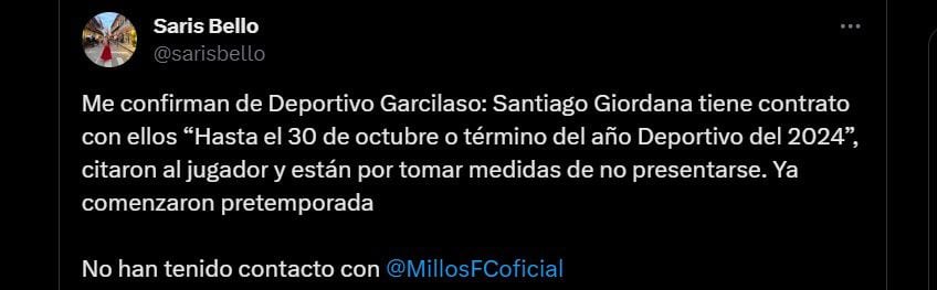 Millonarios entraría en un lío legal con Deportivo Garcilaso por el contrato que Santiago Giordana tendría aún con los peruanos - crédito @sarisbello/X