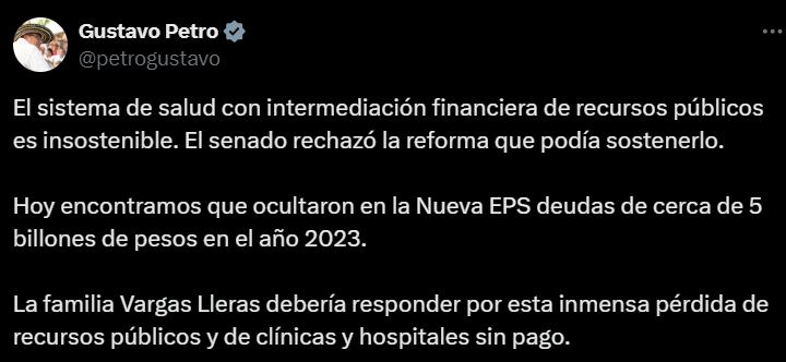 Presidente Petro tras decisión de EPS Sura  - crédito @petrogustavo/X