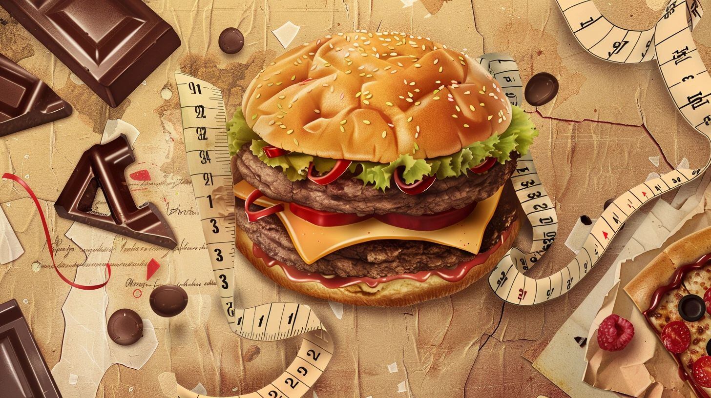 Un collage de hamburguesa con papas fritas, coca cola, pizza, chocolate, helado y torta, ejemplos de comida chatarra. La imagen muestra una variedad de alimentos poco saludables, lo que puede ser un indicador de un estilo de vida poco saludable. La obesidad es un problema de salud que requiere atención y cambios en la dieta y el estilo de vida. (Imagen ilustrativa Infobae)