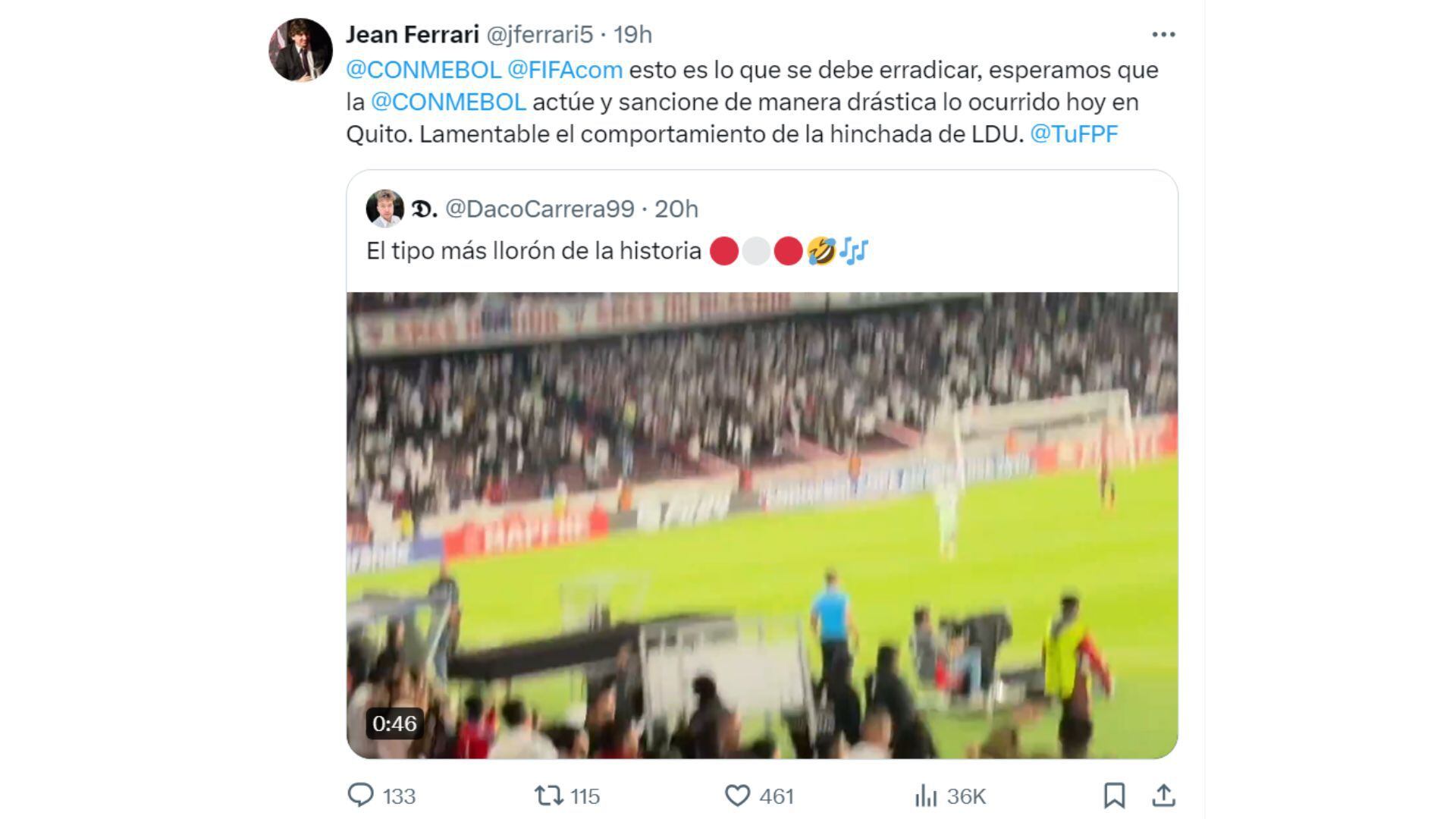 Jean Ferrari pidió sanciones contra los hinchas de LDU por cánticos discriminatorios hacia la delegación de Universitario.