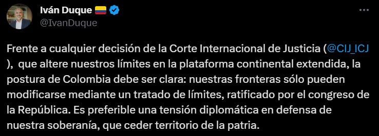 El expresidente Iván Duque aseguró que es mejor una tensión diplomática con Nicaragua  que cederle territorio en litigio con Colombia.