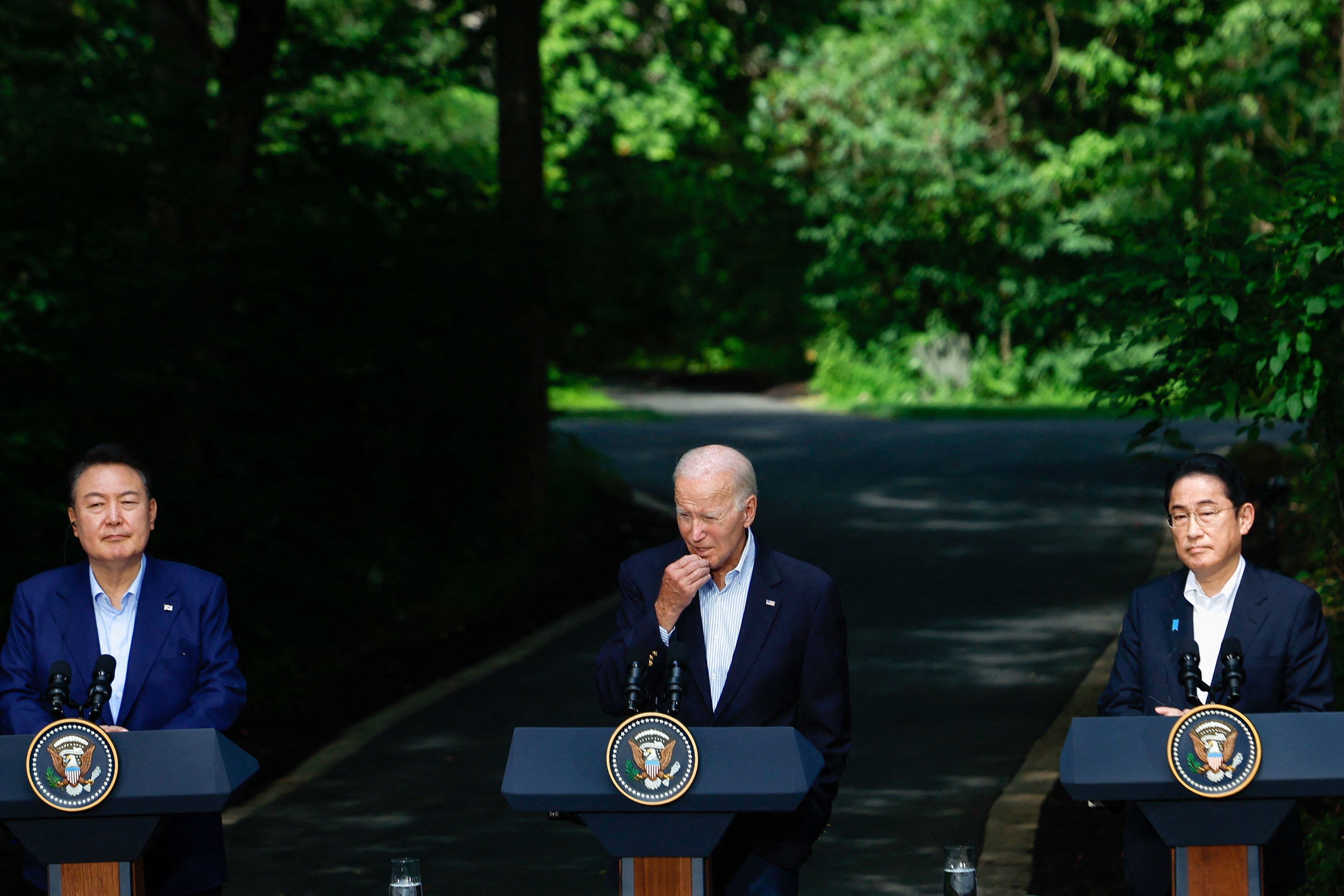 Kim Jong-un criticó al primer ministro japonés, Fumio Kishida, y a los presidentes de Estados Unidos y Corea del Sur, Joe Biden y Yoon Suk Yeol, tras su reunión en Washington  (REUTERS/Evelyn Hockstein)