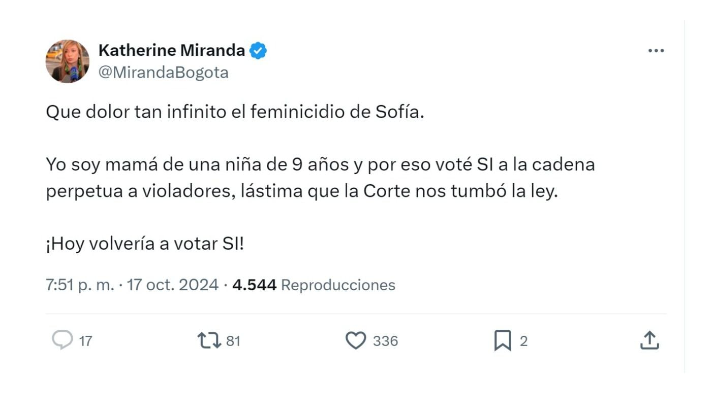 Este fue el mensaje de la representante Katherine Miranda sobre la cadena perpetua a violadores de niños, niñas y adolescentes - crédito @mirandabogota/X